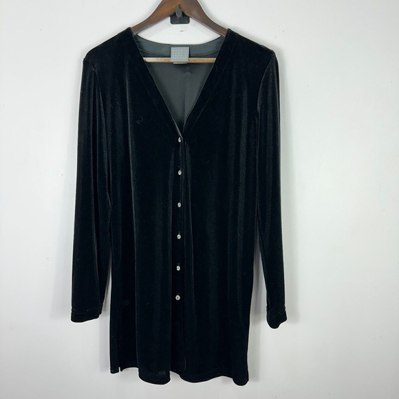 Rabbit Cardigan Women 12 Black‎ Velvet Longline Button Front 90s Whimsigoth Vtg - Picture 1 of 6